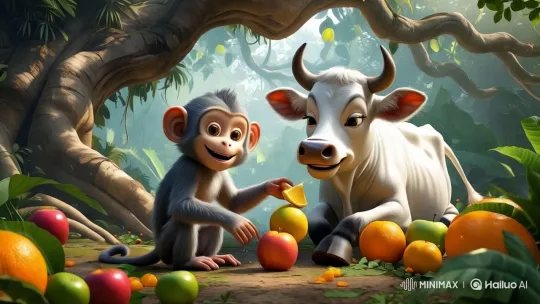 Monkey and Cow Share Fruits in Lush Jungle Setting – AI Generated Video | Hailuo AI