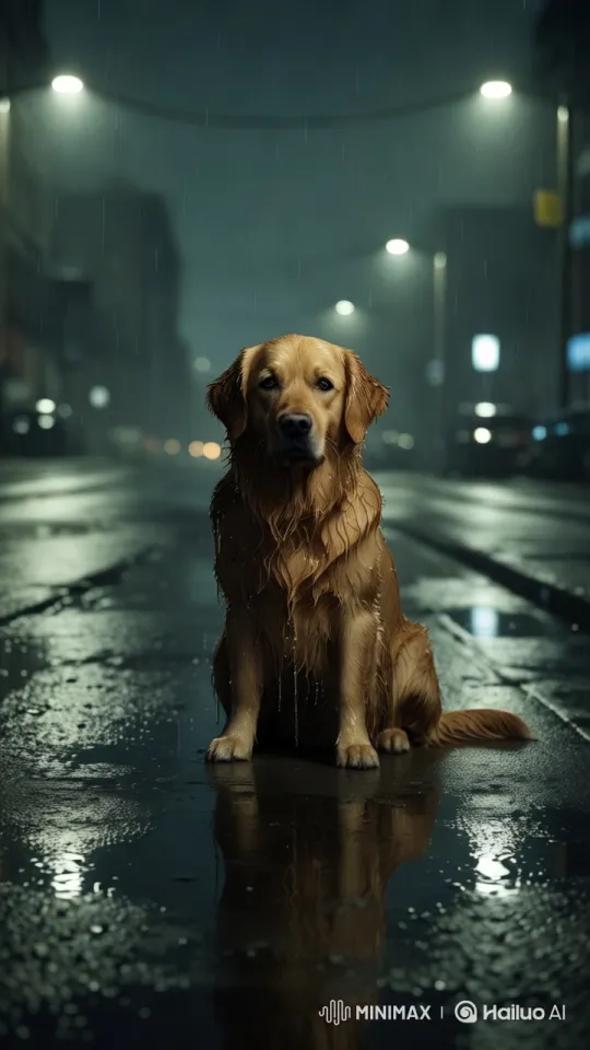 Golden Retriever Reflecting in Rainy Streetscape – AI Generated Video | Hailuo AI