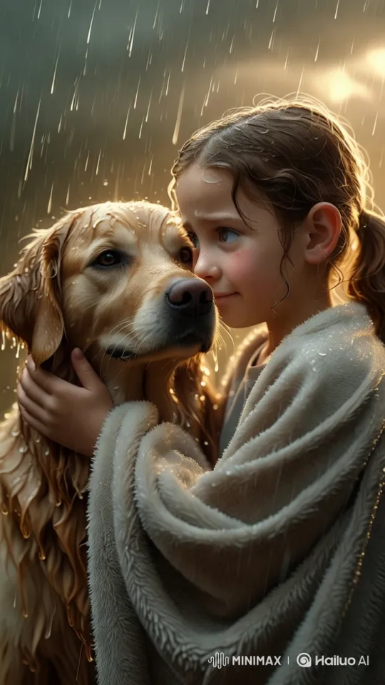 Girl Covers Golden Retriever with Blanket in Rain – AI Generated Video | Hailuo AI