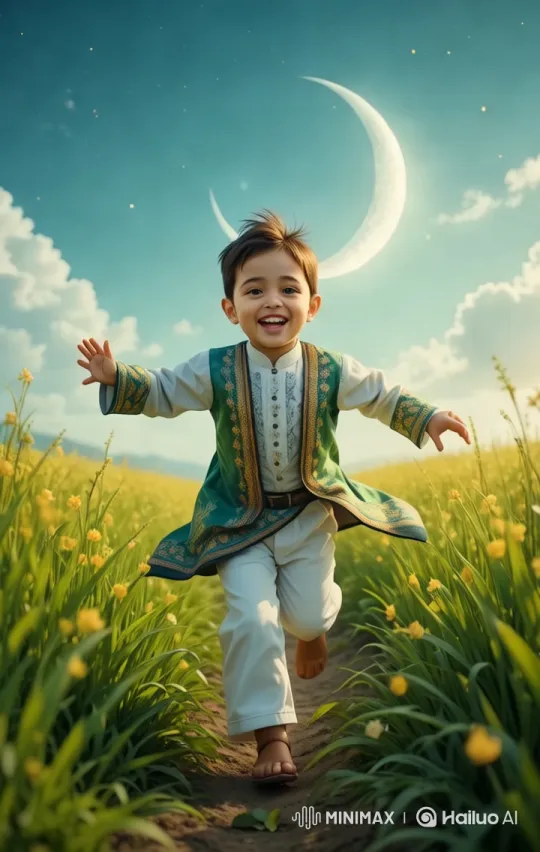 Eid Celebration: Boy in Embroidered Clothes Runs Joyfully – AI Generated Video | Hailuo AI
