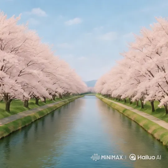 Cherry Blossoms Reflecting in a Serene Canal – AI Generated Video | Hailuo AI