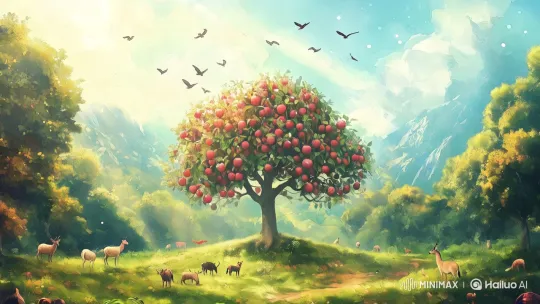 Tranquil Meadow: Apple Tree Amidst Wildlife and Mountainscape – AI Generated Video | Hailuo AI