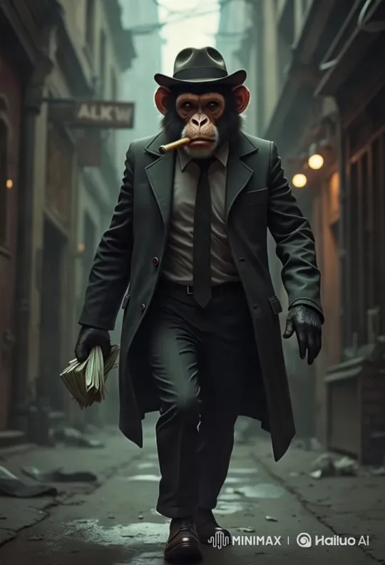 Stylish Monkey Struts Confidently down Alley with Money – AI Generated Video | Hailuo AI