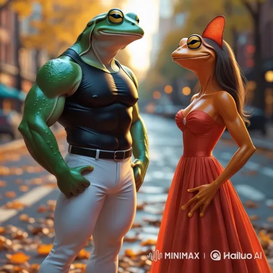 Anthropomorphic Frogs Embrace on Autumn Street – AI Generated Video | Hailuo AI
