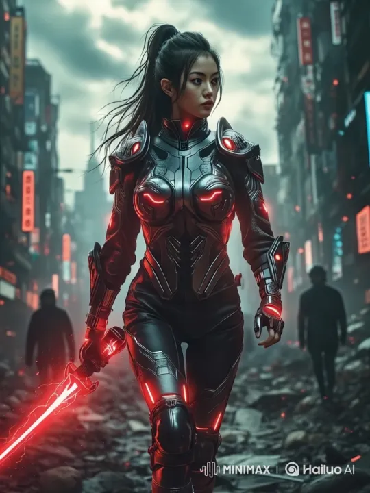 Futuristic Warrior Navigates Dystopian Cityscape – AI Generated Video | Hailuo AI