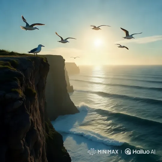 Golden Sunset: Seagulls Over Majestic Cliffs – AI Generated Video | Hailuo AI