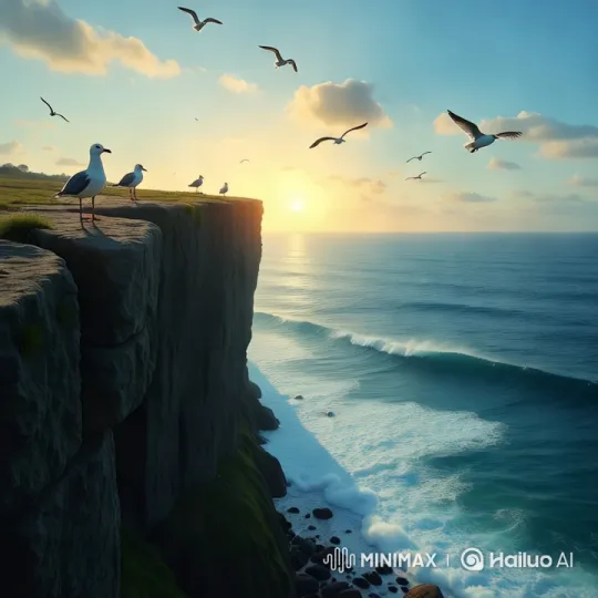 Sunset Over Cliff with Seagulls and Ocean Waves – AI Generated Video | Hailuo AI