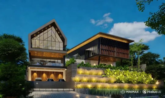 Luxurious Modern House Showcased in Tranquil Sunset Panorama – AI Generated Video | Hailuo AI