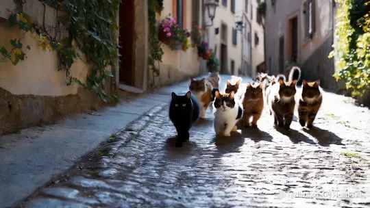 European Village Cat Parade: A Cinematic Stroll – AI Generated Video | Hailuo AI