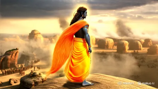 Lord Krishna Stands Heroically Amidst Ancient War Remnants – AI Generated Video | Hailuo AI