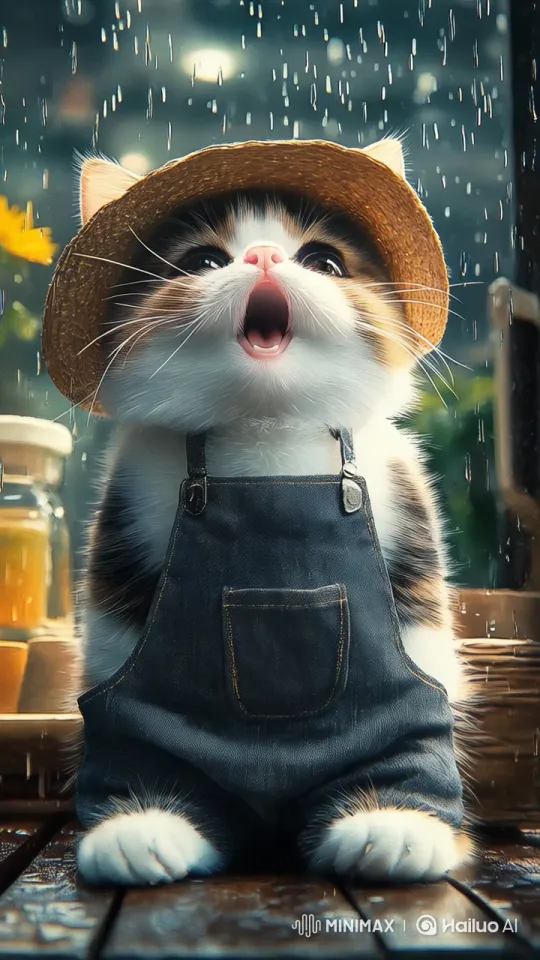 Sleepy Kitten in Denim Overalls Amidst Gentle Rain – AI Generated Video | Hailuo AI