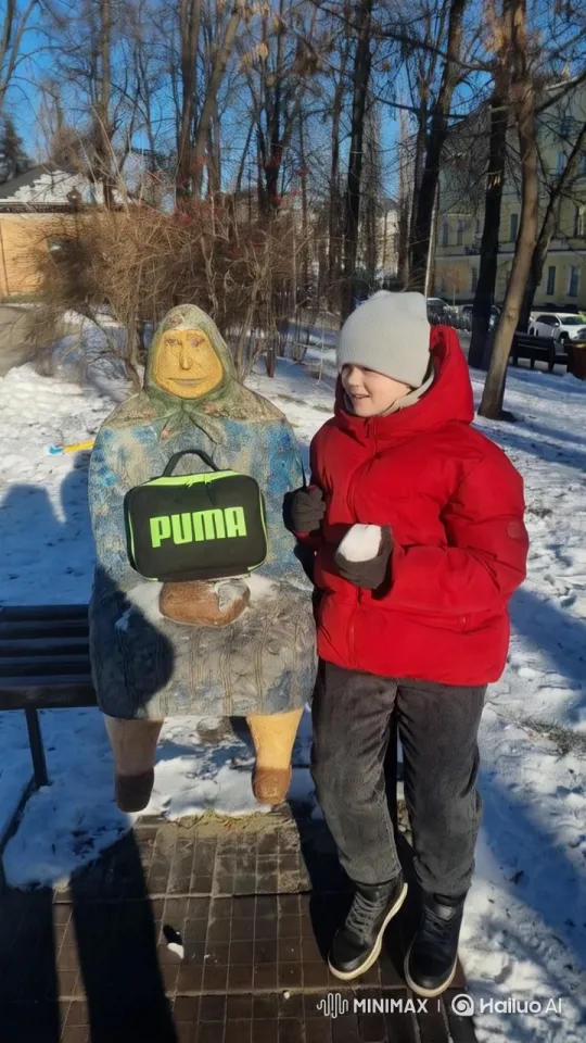 Child and Statue in Winter Park Scene – AI Generated Video | Hailuo AI