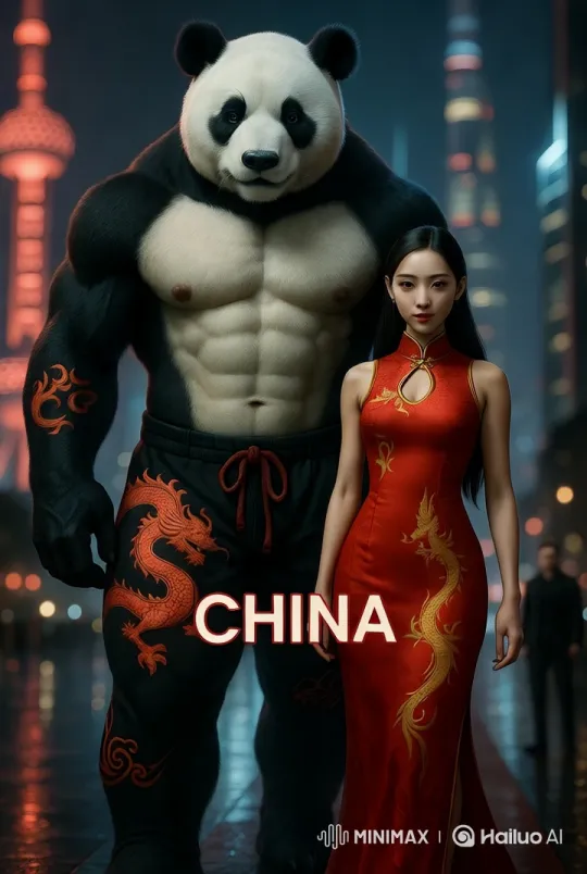 Panda Warrior and Elegant Woman in Neon Cityscape – AI Generated Video | Hailuo AI