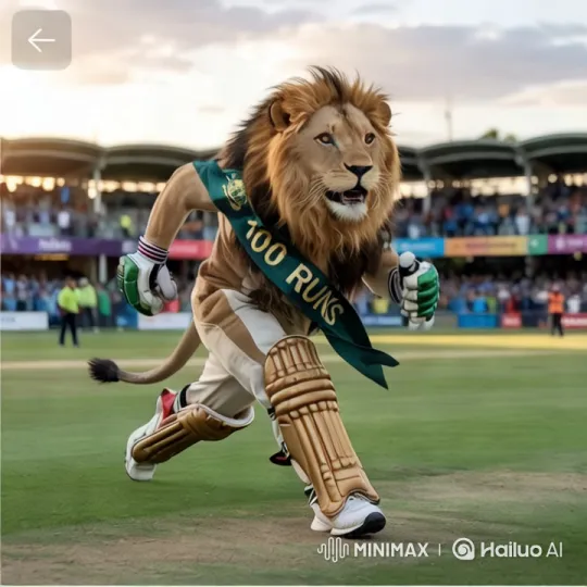 Regal Lion Mascot Enthusiastically Runs Across Cricket Pitch – AI Generated Video | Hailuo AI