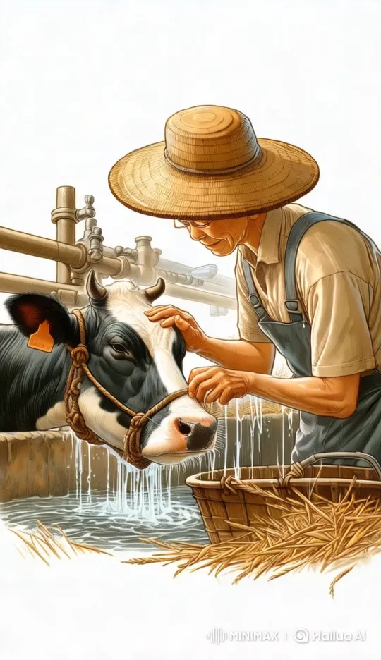 Man Tenderly Baths His Cherished Cow on Farm – AI Generated Video | Hailuo AI