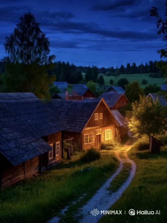 Rustic Village Beauty at Dusk with Inviting Glow – AI Generated Video | Hailuo AI
