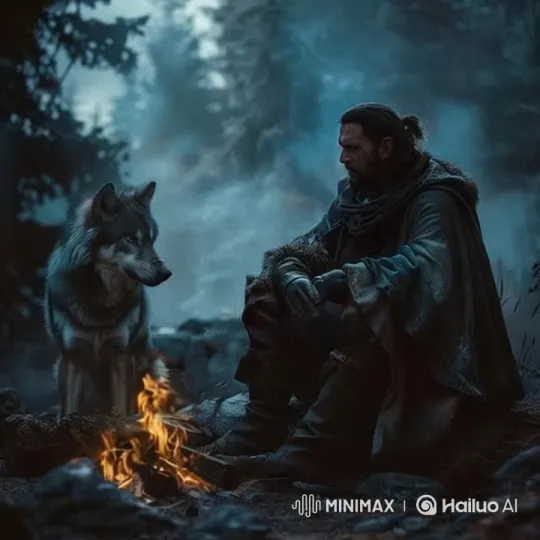 Man and Wolf Bond by Winter Campfire – AI Generated Video | Hailuo AI