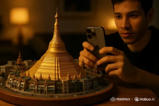 Man Photographs Golden Pagoda Diorama with iPhone – AI Generated Video | Hailuo AI