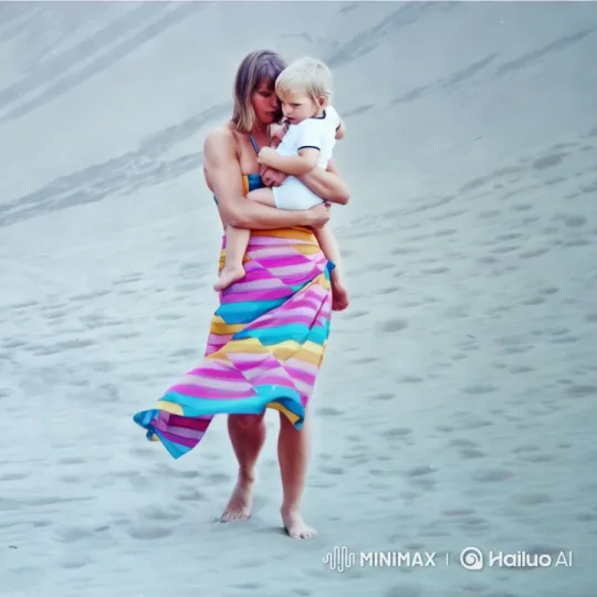 Vibrant Dress, Serene Sands: A Mother and Child's Journey – AI Generated Video | Hailuo AI