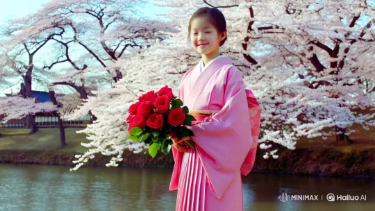 Japanese Girl Admires Sakura by Naka Meguro River – AI Generated Video | Hailuo AI