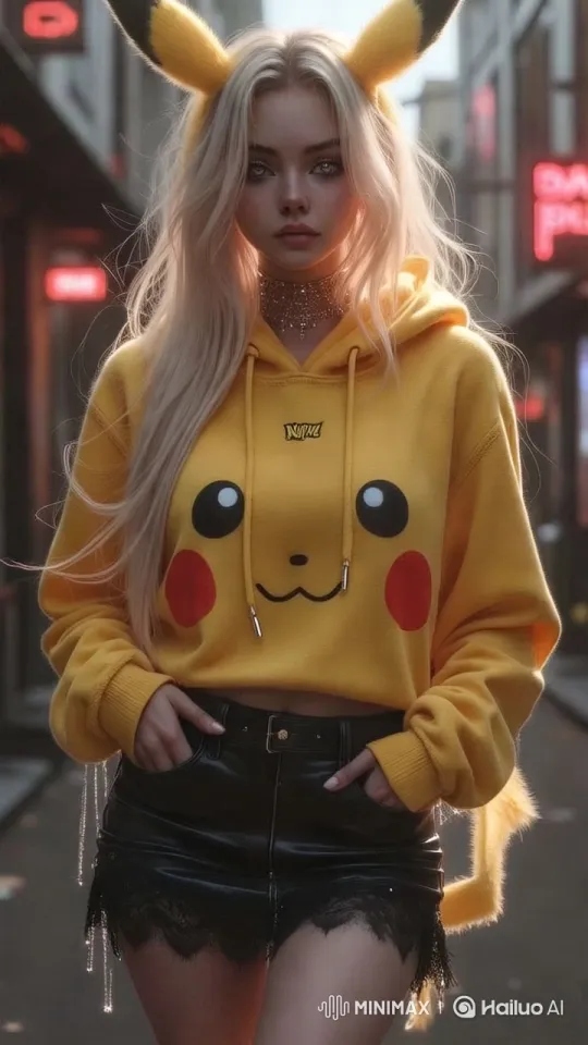 Vibrant Fashion Model Showcases Pikachu Hoodie on Urban Street – AI Generated Video | Hailuo AI