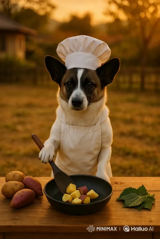 Puppy Chef Cooks Potatoes in Golden Sunset Setting – AI Generated Video | Hailuo AI