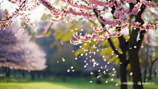 Slow-Motion Cherry Blossoms Drift in a Serene Park – AI Generated Video | Hailuo AI