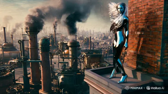 Cyberpunk Woman Overlooks Futuristic Steampunk Cityscape – AI Generated Video | Hailuo AI