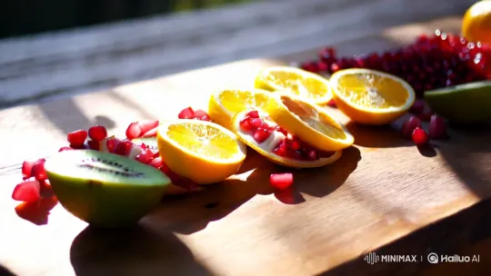 Vibrant Citrus and Pomegranates on Rustic Table – AI Generated Video | Hailuo AI