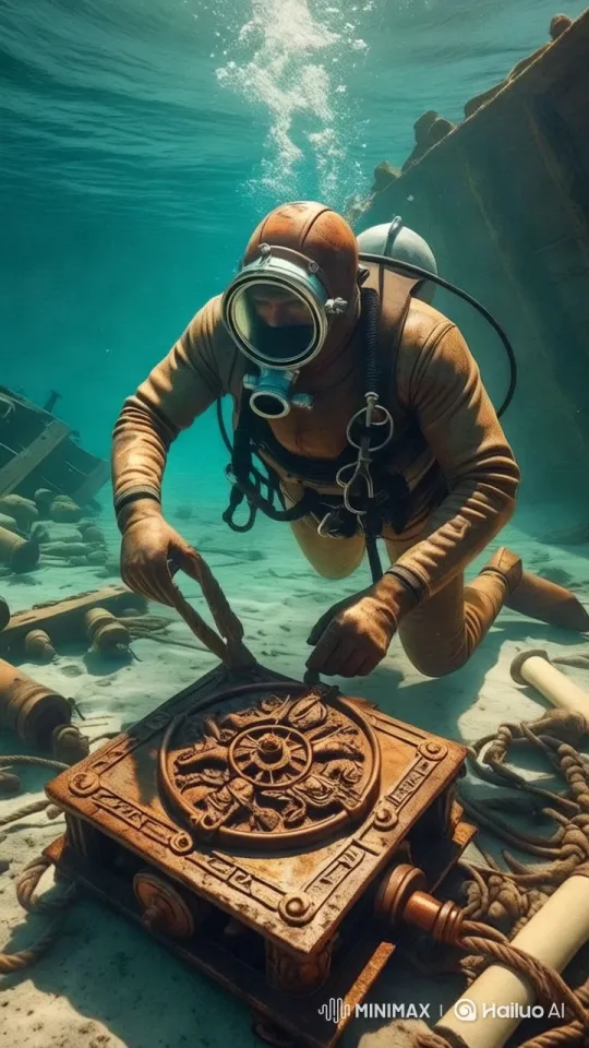 Diver Examines Ancient Artifact in Turquoise Depths – AI Generated Video | Hailuo AI