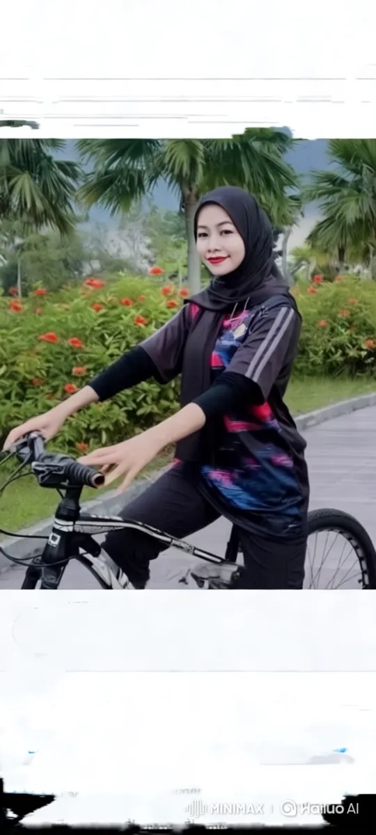 Woman in Hijab Rides Bike in Lush Tropical Setting – AI Generated Video | Hailuo AI