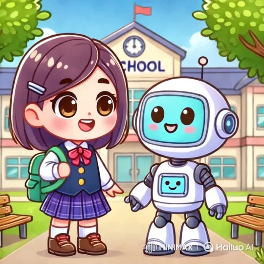 Girl and Friendly Robot at School Entrance – AI Generated Video | Hailuo AI