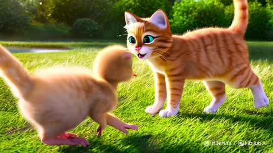 Kittens Chase Duckling in Lively Meadow Scene – AI Generated Video | Hailuo AI