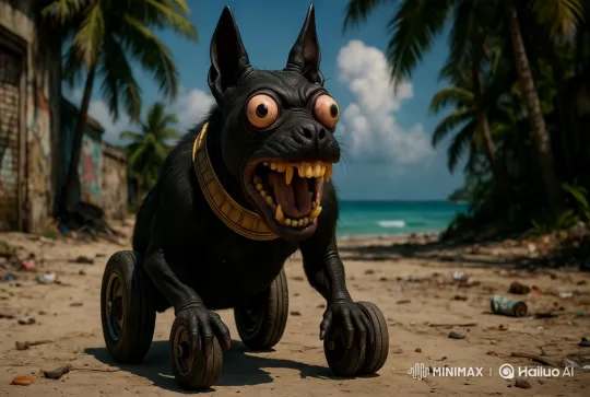 Bizarre Wheeled Creature on a Surreal Beach Setting – AI Generated Video | Hailuo AI