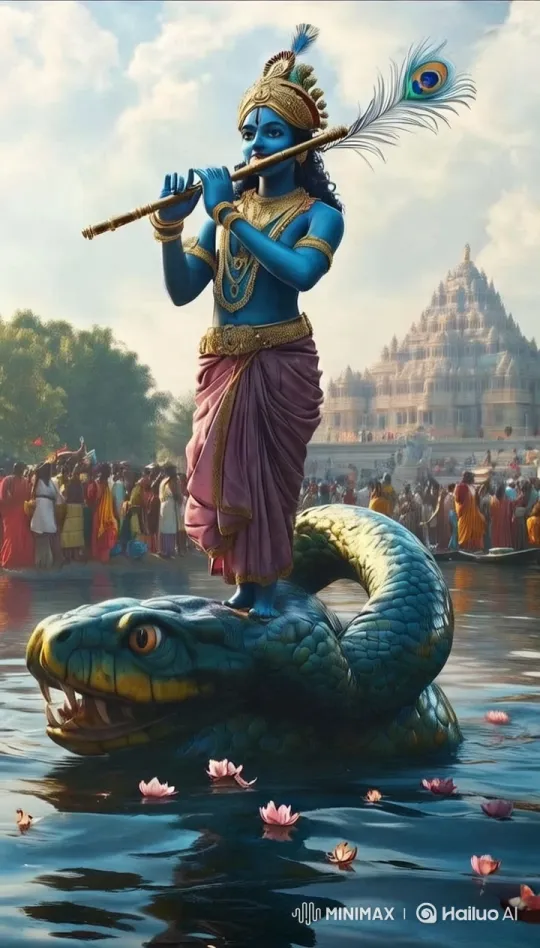 Blue Deity Serenades on Sacred Serpent Amidst Temple Splendor – AI Generated Video | Hailuo AI