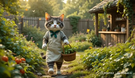 Charming Cat in a Sunlit Garden with Fresh Produce – AI Generated Video | Hailuo AI