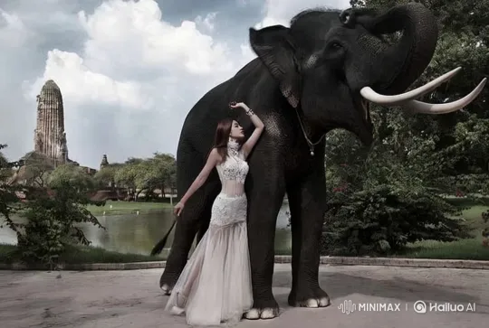 Elephant and Woman in Serene Temple Setting – AI Generated Video | Hailuo AI