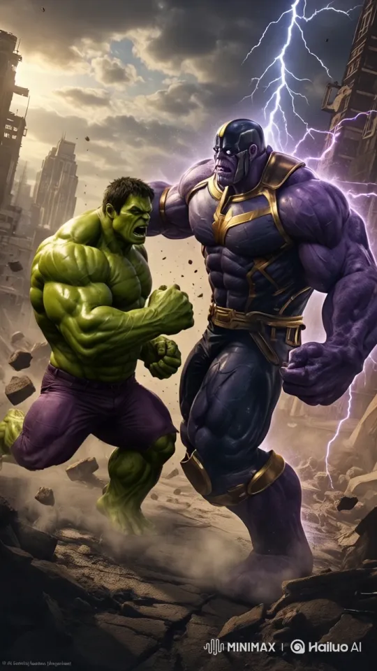 Hulk and Thanos Battle in a Ruined Cityscape – AI Generated Video | Hailuo AI