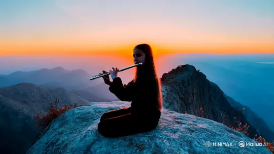 Girl Plays Flute on Mountain at Sunrise – AI Generated Video | Hailuo AI