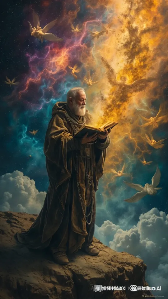 Monk on Cliff Amidst Spiritual Beings and Swirling Clouds – AI Generated Video | Hailuo AI