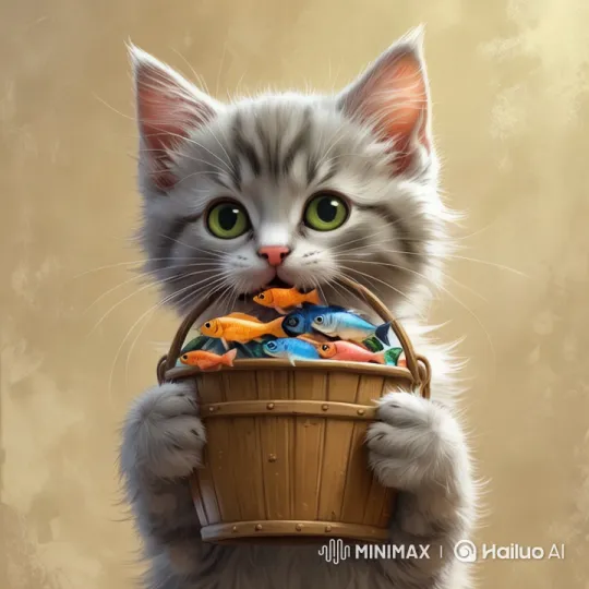 Curious Kitten Spills Fish at Bustling Market – AI Generated Video | Hailuo AI
