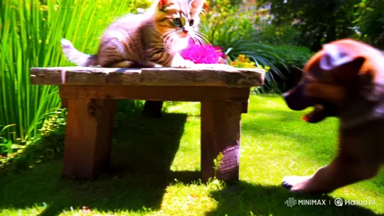 Playful Kitten and Puppy in Sunlit Garden – AI Generated Video | Hailuo AI