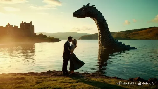 Romantic Couple Unaware of Gentle Dragon by Lake – AI Generated Video | Hailuo AI