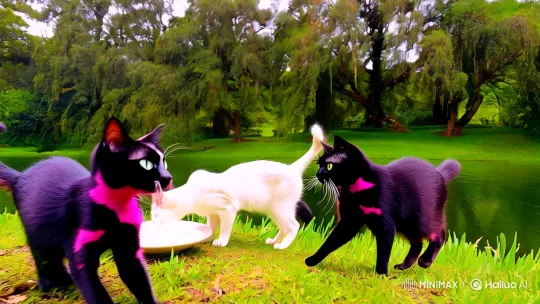 Playful Cats and Serene Lake with Dynamic Dog Appearance – AI Generated Video | Hailuo AI