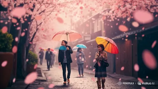 Rainy Street with Cherry Blossoms and Umbrellas – AI Generated Video | Hailuo AI