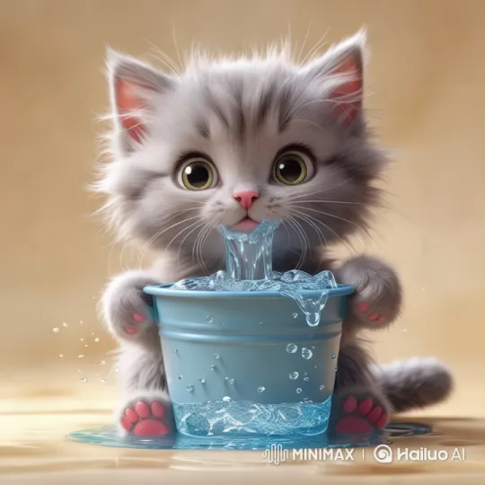 Fluffy Kitten Plays in Water Bucket by Toilet – AI Generated Video | Hailuo AI