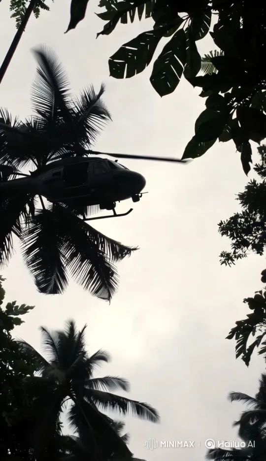 Military Helicopter in Dramatic Jungle Tracking Shot – AI Generated Video | Hailuo AI