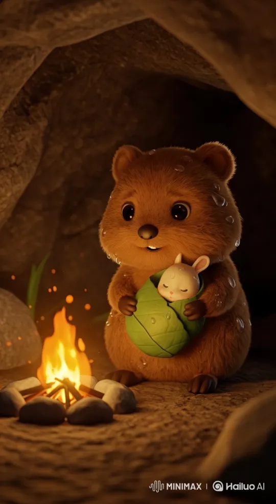 Quokka Kukki Comforts Wet Baby Bunny in Cozy Cave – AI Generated Video | Hailuo AI