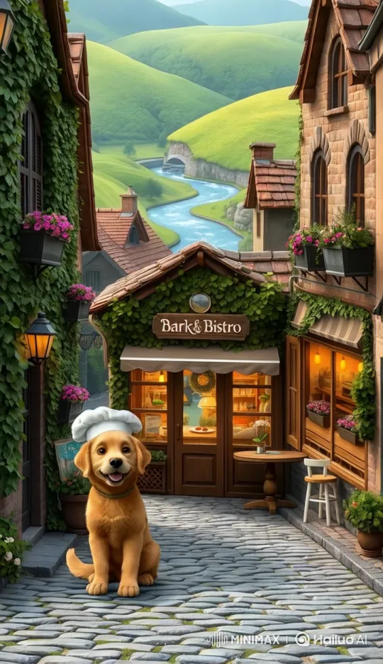Quaint Town Café with Cheery Canine Chef – AI Generated Video | Hailuo AI