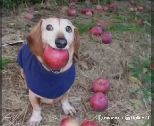 Dachshund in Blue Sweater Amidst Red Apples – AI Generated Video | Hailuo AI